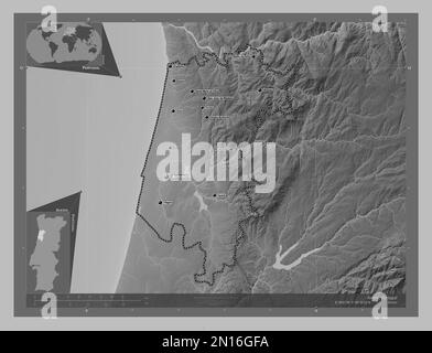 Aveiro, district of Portugal. Grayscale elevation map with lakes and rivers. Locations and names of major cities of the region. Corner auxiliary locat Stock Photo