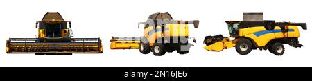 Modern combine harvester on white background, views from different sides. Agricultural machinery Stock Photo