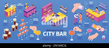 Isometric horizontal city bar infographics with various drinks and bartenders making cocktails on blue background 3d vector illustration Stock Vector