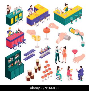 Isometric barmen set of bar interior elements bartenders serving drinks and customers with glasses isolated vector illustration Stock Vector