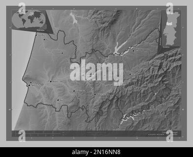 Coimbra, district of Portugal. Grayscale elevation map with lakes and rivers. Locations and names of major cities of the region. Corner auxiliary loca Stock Photo