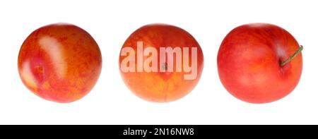 Set of fresh ripe plums on white background. Banner design Stock Photo