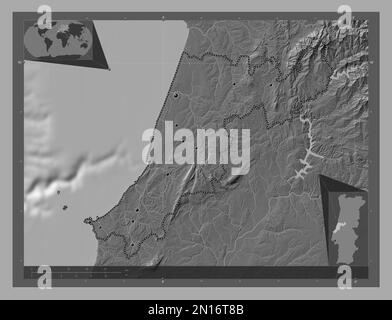 Leiria, district of Portugal. Bilevel elevation map with lakes and rivers. Locations of major cities of the region. Corner auxiliary location maps Stock Photo