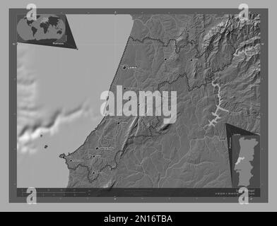 Leiria, district of Portugal. Bilevel elevation map with lakes and rivers. Locations and names of major cities of the region. Corner auxiliary locatio Stock Photo