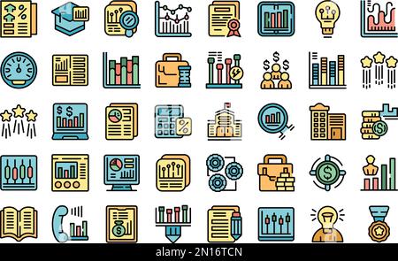 Trade school icons set outline vector. Money academy. Bank education color line on white isolated Stock Vector