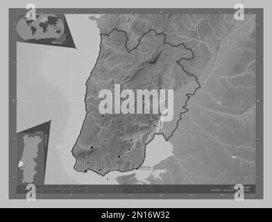 Lisboa, district of Portugal. Grayscale elevation map with lakes and rivers. Locations and names of major cities of the region. Corner auxiliary locat Stock Photo