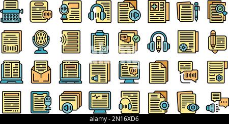 Transcription icons set outline vector. Court career. Audio voice color line on white isolated Stock Vector