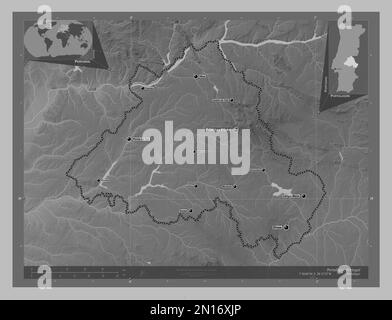 Portalegre, district of Portugal. Grayscale elevation map with lakes and rivers. Locations and names of major cities of the region. Corner auxiliary l Stock Photo