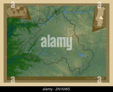 Portalegre, district of Portugal. Colored elevation map with lakes and rivers. Locations and names of major cities of the region. Corner auxiliary loc Stock Photo