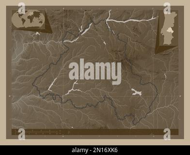 Portalegre, district of Portugal. Elevation map colored in sepia tones with lakes and rivers. Corner auxiliary location maps Stock Photo