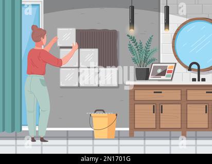 Renovation cartoon scene with female applying tile on bathroom wall vector illustration Stock Vector