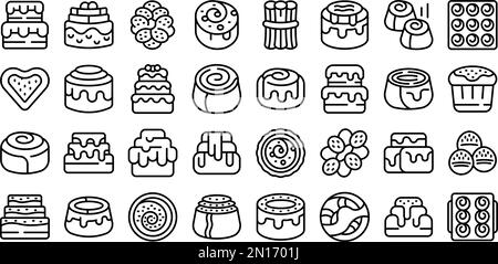 Cinnamon roll bun icons set outline vector. Food baked. Bakery danish Stock Vector