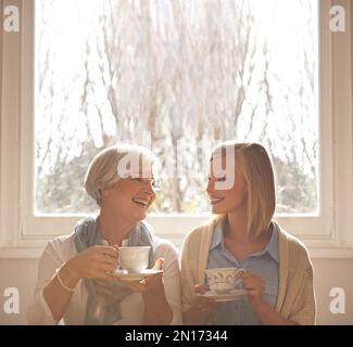 God so loved the world that he gave us grandparents. an attractive young woman visiting her gran for tea. Stock Photo