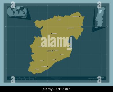 Viseu, district of Portugal. Solid color shape. Locations and names of major cities of the region. Corner auxiliary location maps Stock Photo