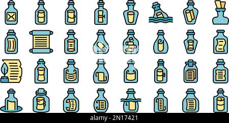 Message in the bottle icons set outline vector. Paper cork. Glass empty color line on white isolated Stock Vector