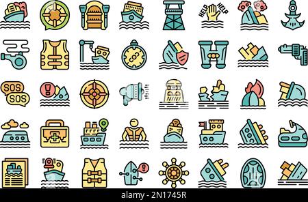 Shipwreck icons set outline vector. Island desert. Sea boat color line on white isolated Stock Vector