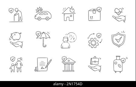 Insurance doodle icon set. Hand drawn sketch life shield, insurance umbrella, medical safety icon set. Health safety, car accident, house protect vector illustration. Stock Vector