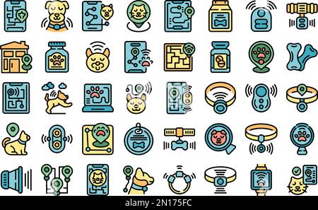 Pet tracker icons set outline vector. Animal care. City control color line on white isolated Stock Vector