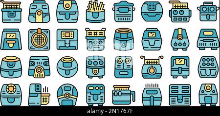 Air fryer icons set outline vector. Fry bakery. Cook food color line on white isolated Stock Vector