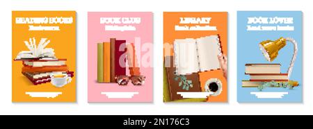 Realistic book lover poster set with four vertical backgrounds with text and images of desktop books vector illustration Stock Vector