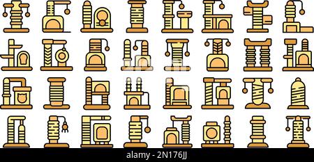 Cats scratching post icons set outline vector. Tree tower. Play furniture color line on white isolated Stock Vector