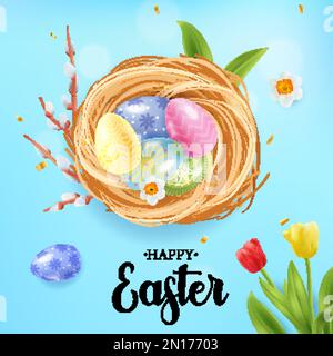 Realistic easter composition with sky background ornate text spring flowers and nest with colored festive eggs vector illustration Stock Vector