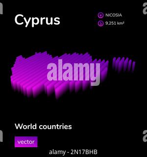 Cyprus 3D map. Stylized neon simple digital isometric striped vector Cyprus map is in violet colors on black background Stock Vector