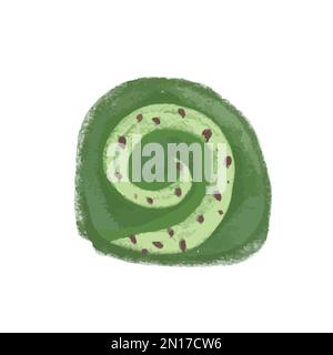 Isolated hand drawn illustration of Japanese style matcha dessert, green roll cake Stock Vector