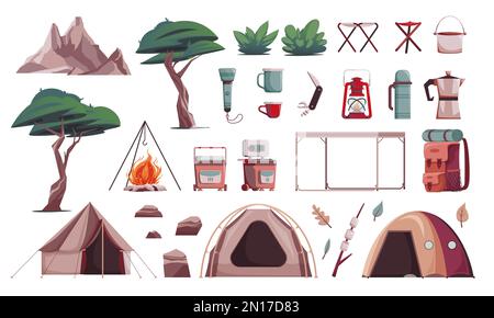 Camping hiking icon set mountains trees flashlight tents campfire and other camping tools vector illustration Stock Vector