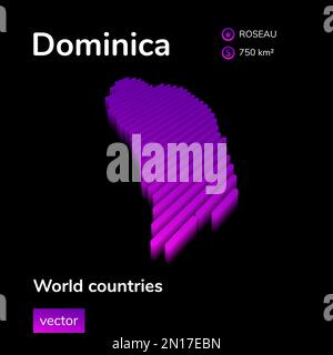 Dominica 3D map. Stylized striped neon isometric vector Dominica map is in violet colors on black background. Stock Vector