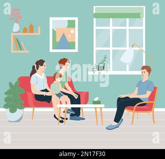 Child psychologist flat concept with family consultation scene vector illustration Stock Vector