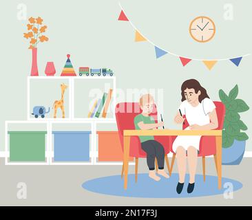 Child psychologist flat concept with boy making drawing test vector illustration Stock Vector