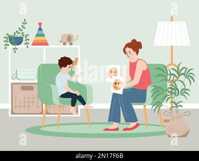 Child psychologist flat concept with woman specialist showing pictures to the boy vector illustration Stock Vector