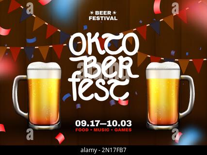 Oktoberfest colored flyer two beer cups and beer festival headline with descriptions vector illustration Stock Vector