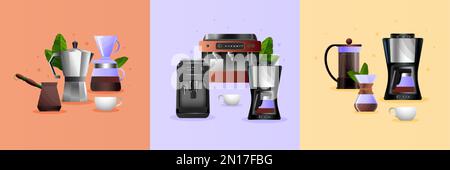 Coffee equipment flat compositions set with moka pot cezve espresso machine chemex siphon french press cups on color background isolated vector illust Stock Vector