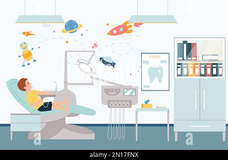 Kids service flat composition with child dentist cabinet interior vector illustration Stock Vector