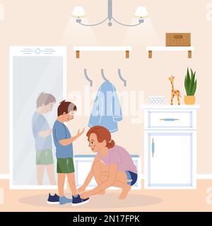 Family morning routine flat concept with mom helping boy to tie shoelaces vector illustration Stock Vector