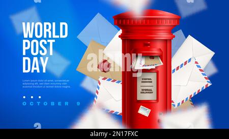 Realistic post horizontal poster with big red box and world post day description vector illustration Stock Vector
