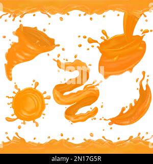 Orange juice splashes of different shapes realistic set against white background vector illustration Stock Vector