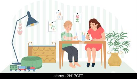 Kids services flat composition with child drawing with adult vector illustration Stock Vector