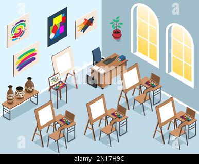 Isometric art class interior composition with indoor view of school room with drawing easels and examples vector illustration Stock Vector