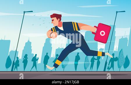 Emergency cartoon poster with er paramedic specialist running vector illustration Stock Vector
