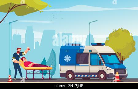 Emergency cartoon poster with er doctor rescuing sick man vector illustration Stock Vector