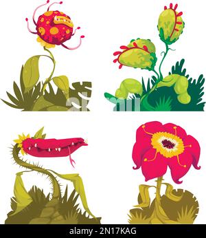 Carnivorous Plant Set, Monster Flora in Flower pot. Vector Fantasy ...