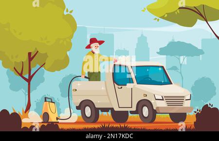 Car wash cartoon poster with old man cleaning his van vector illustration Stock Vector