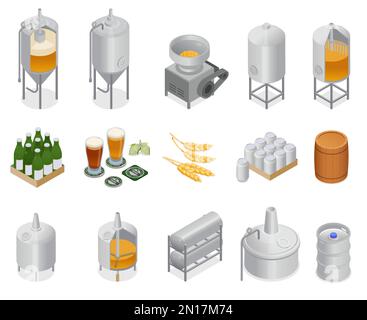 Brewery beer production isometric set with isolated icons of factory facilities tanks tubes on blank background vector illustration Stock Vector