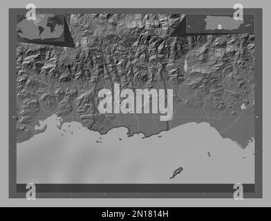 Ponce, municipality of Puerto Rico. Bilevel elevation map with lakes and rivers. Locations of major cities of the region. Corner auxiliary location ma Stock Photo