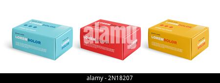 Set with three isolated realistic box mockup images with detailed views of generic package with text vector illustration Stock Vector