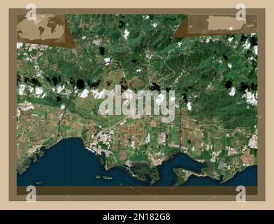 Salinas, municipality of Puerto Rico. Low resolution satellite map. Locations of major cities of the region. Corner auxiliary location maps Stock Photo