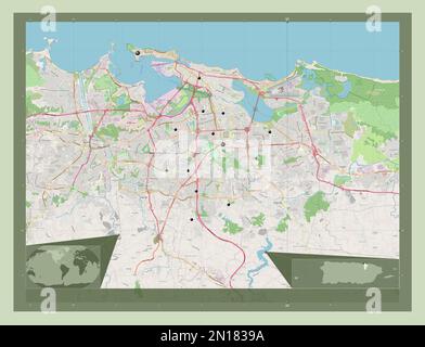 San Juan, municipality of Puerto Rico. Open Street Map. Locations of major cities of the region. Corner auxiliary location maps Stock Photo